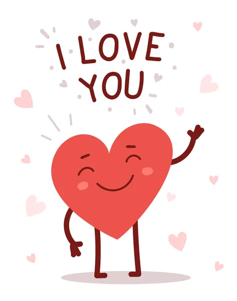 Vector Red Cute Happy Heart Character Smile Text White Background — Stock Vector