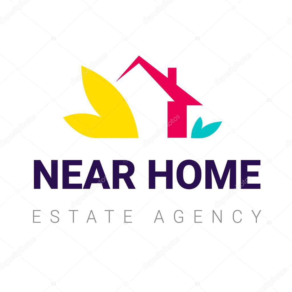 Vector color real estate logo with house and leaf on white background with word near home