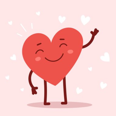 Pembe arka planda gülümseyen sevimli, mutlu bir kalp karakteri. Romantik düz stil Sevgililer Günü gösterimi aşkı ifade etmek için