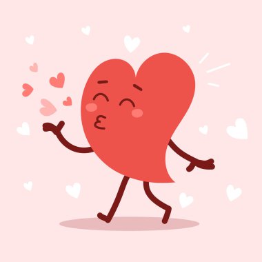 Vektör kırmızı, sevimli kalp karakteri pembe arka planda öpücük yolluyor. Romantik düz stil Sevgililer Günü illüstrasyonuName