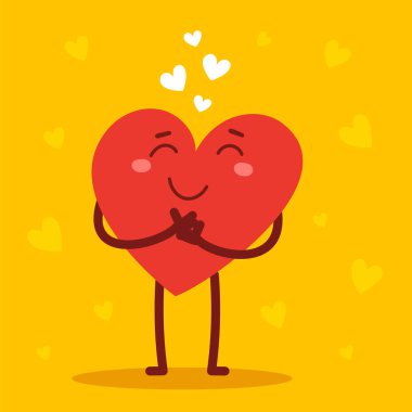 Sarı arka planda gülümsemesi olan sevimli, sevgi dolu bir kalp karakteri. Romantik düz stil tasarımı. Sevgililer Günü çizimi. Aşk duygularını ifade etmek için.