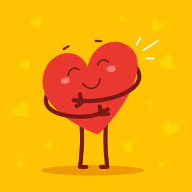 Vektör kırmızı, sevimli, mutlu kalp karakteri sarı arka planda gülümseyerek kendine sarılıyor. Romantik düz stil Sevgililer Günü illüstrasyonuName