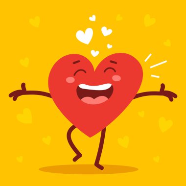 Sarı arka planda gülümseyen ve kolları açık kırmızı, sevimli bir kalp karakteri. Romantik düz stil Sevgililer Günü illüstrasyonuName