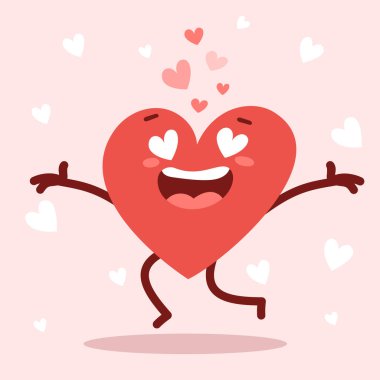 Aşk duygularını ifade etmek için romantik düz bir sevgililer günü çizimi. Gülümseyen ve kollarını pembe arka planda açan kırmızı, sevimli, mutlu bir kalp karakteri.