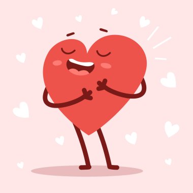 Romantik düz stil tasarımı, sevgililer günü çizimi, aşkı ifade etmek için. Pembe arka planda gülümseyen sevimli, sevgi dolu bir kalp karakteri.