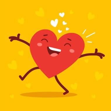 Kolları geniş ve sarı arka planda gülümseyen kırmızı, sevimli, sevimli bir kalp karakteri. Romantik düz stil Sevgililer Günü gösterimi aşkı ifade etmek için