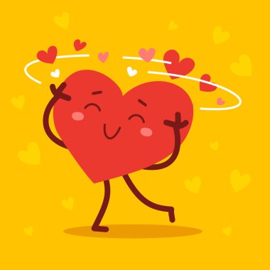 Kırmızı, sevimli, mutlu bir kalp. Sarı arka planda gülümseyerek aşktan başı dönüyor. Romantik düz stil tasarımı. Sevgililer Günü çizimi. Aşk duygularını ifade etmek için.