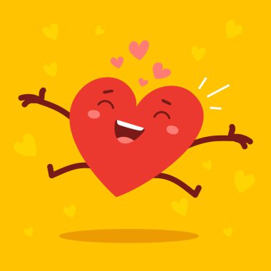 Kolları açık atlayan ve sarı arka planda gülümseyen kırmızı, sevimli, mutlu bir kalp karakteri. Romantik düz stil Sevgililer Günü illüstrasyonuName