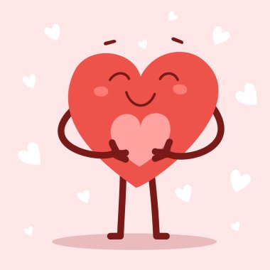 Kırmızı, sevimli, mutlu bir kalp karakteri pembe arka planda gülümseyen bir kalp tutuyor. Romantik düz stil Sevgililer Günü illüstrasyonuName