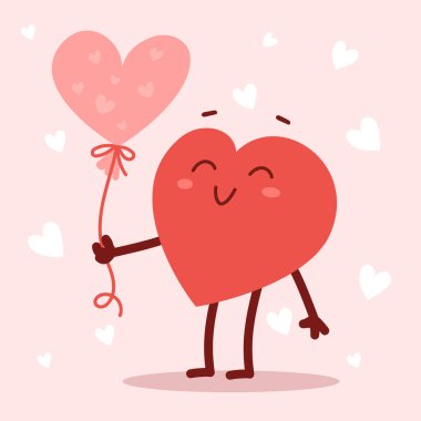 Kırmızı, sevimli, mutlu bir kalp karakteri pembe arka planda gülüşü olan bir kalp balonu tutuyor. Romantik düz stil Sevgililer Günü illüstrasyonuName