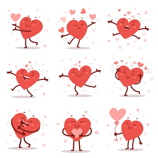 Vector set of red adorable heart character in different poses with happy emotion on white background. Romantic flat style Valentine\'s Day illustrations to express feelings of love