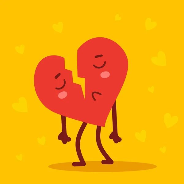 Vetor Vermelho Bonito Triste Coração Quebrado Personagem Fundo Amarelo Estilo — Vetor de Stock