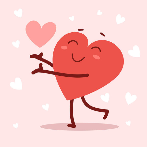Vector red cute happy heart character shares a heart with smile on pink background. Romantic flat style design Valentine's Day illustration to share feeling of love