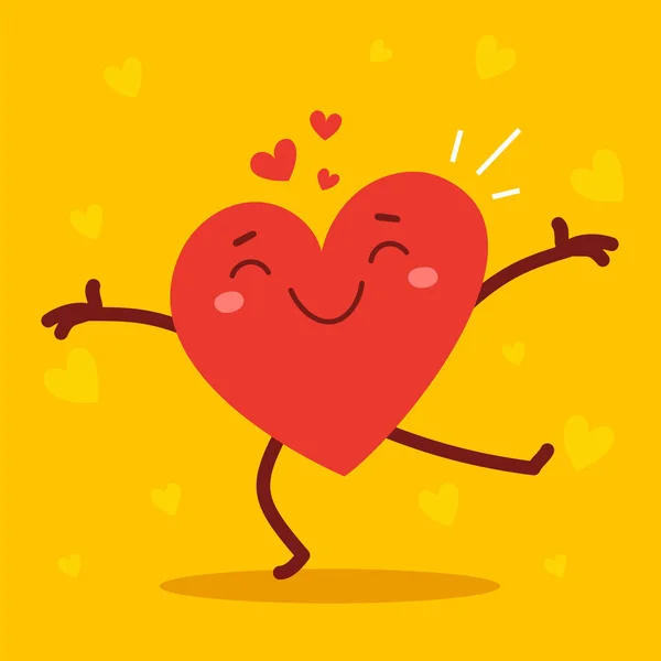 ロマンチックなフラットスタイル愛の感情を共有するバレンタインデーのイラスト ベクトル赤かわいいです幸せな心のキャラクターとともに腕が広がり 黄色の背景に笑顔 — ストックベクタ