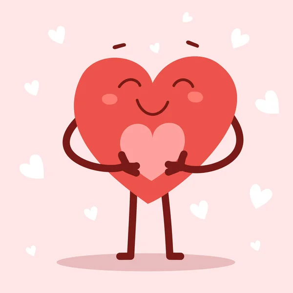 Vector Red Cute Happy Heart Character Holding Heart Smile Pink — Stock Vector
