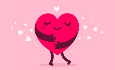 Kırmızı, sevimli, mutlu, elleri pembe arka planda kendini kucaklayan, kendini seven bir kalp karakteri.