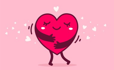 Kırmızı, sevimli, mutlu, elleri pembe arka planda kendine sarılan bir kalp karakteri. Kendini sev.