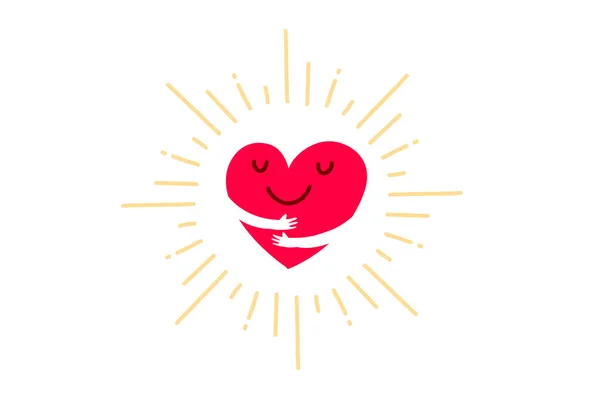 Vector Red Cute Happy Heart Character Smile Hands Hugging Self — Stock Vector