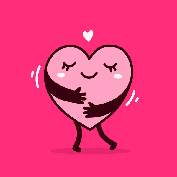 Векторный Розовый Симпатичный Персонаж Счастливого Сердца Руками Обнимающими Себя Красном — стоковый вектор
