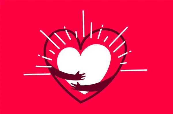 Vector Vermelho Bonito Coração Feliz Com Mãos Abraçando Fundo Vermelho — Vetor de Stock