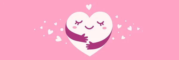 Vecteur Mignon Personnage Coeur Heureux Avec Les Mains Étreignant Soi — Image vectorielle