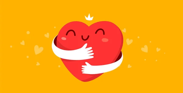 Vector Cartoon Cute Happy Heart Character Smile Hands Hugging Self — Stock Vector