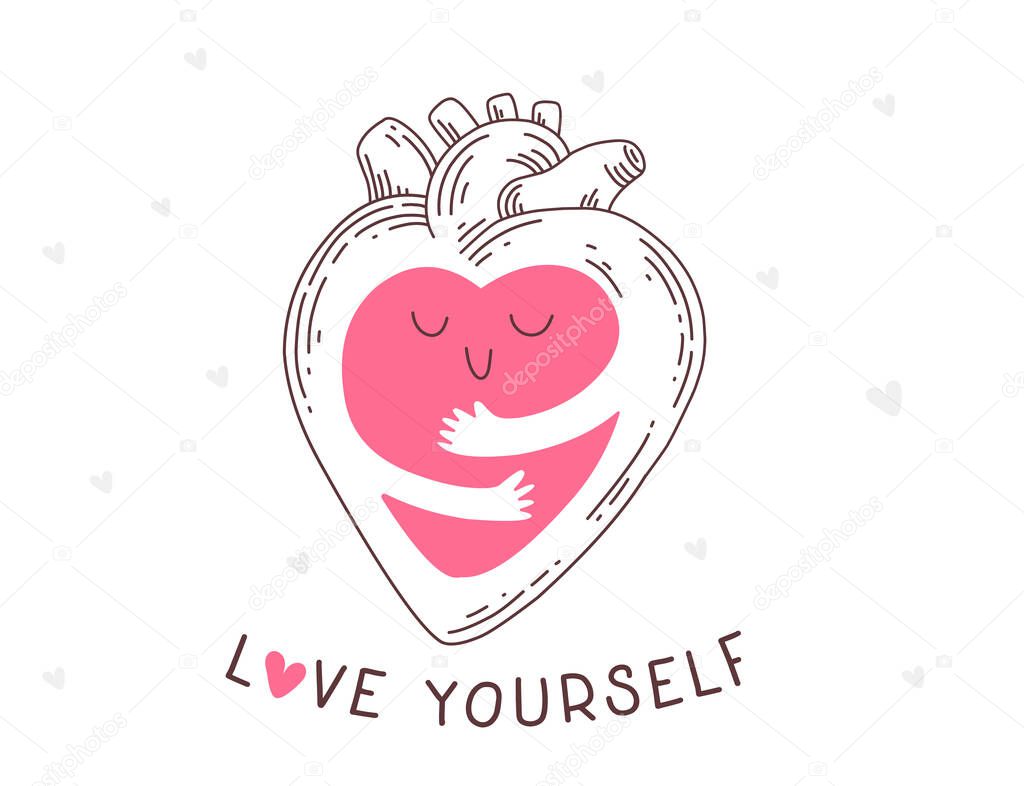 Vector cartoon human internal organ, anatomic heart with arms hugging self, self care and love yourself with text, line art