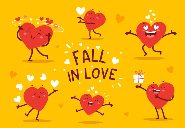 Conjunto Vectorial Carácter Corazón Feliz Rojo Diferentes Poses Con Texto — Archivo Imágenes Vectoriales