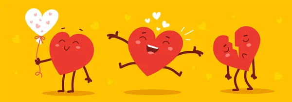 Sarı Arka Planda Farklı Pozlarda Duran Kırmızı Mutlu Üzgün Kalp — Stok Vektör