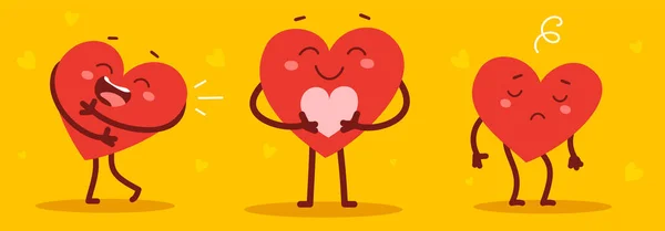 Kırmızı Mutlu Üzgün Kalp Karakterlerinin Oluşturduğu Bir Vektör Seti Sarı — Stok Vektör