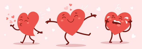 Kırmızı Mutlu Ağlayan Kalp Karakterinin Pembe Arka Planda Farklı Pozlarda — Stok Vektör