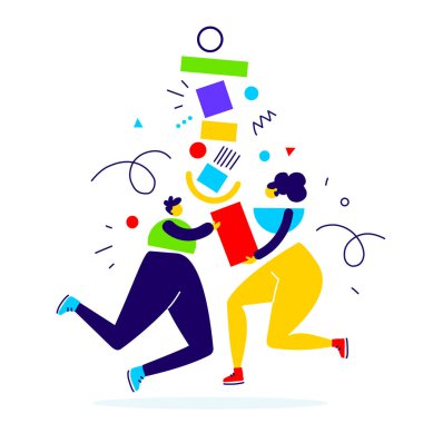 İletişim insanlarının vektör işi illüstrasyonu ve soyut şekiller, takım çalışmasının parlak düz tarzı