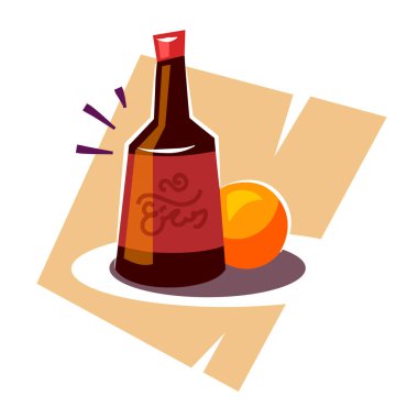 Şarap şişesi ve meyve portakalı, düz stil tasarımı ile natürmort yaşamın temsilcisi.