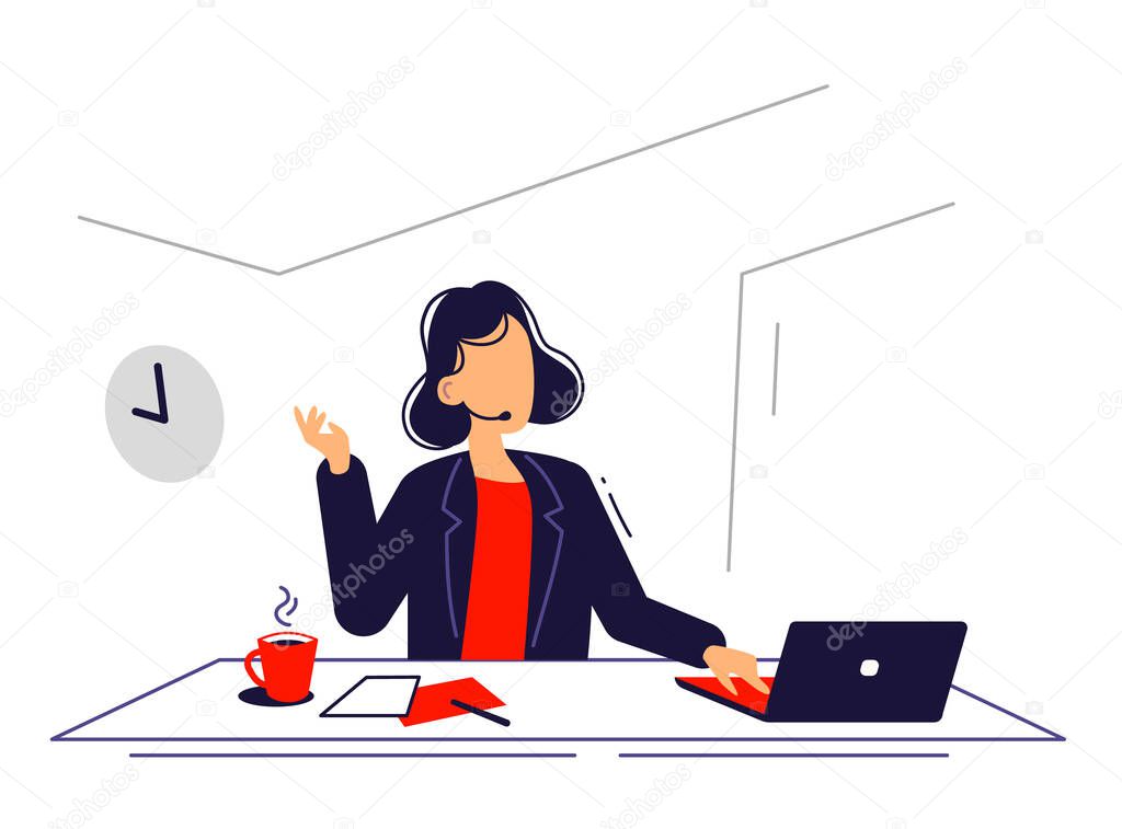 Vector business illustration of woman with laptop, flat line art style
