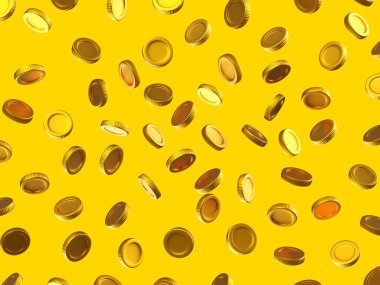 Sarı arka planda üç boyutlu altın madeni para. Pankart, poster ve baskı için desen tasarımı