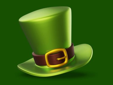 Renkli arka planda yeşil leprikon şapkanın üç boyutlu çizimi. Aziz Patrick Günü tebrik kartı, afiş, poster tasarımı