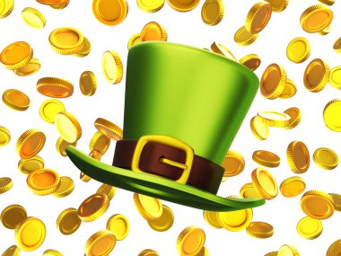 Yeşil cüce şapkalı ve düşen altın paralı 3D çizimler. Aziz Patrick Günü tebrik kartı, afiş, poster tasarımı