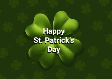 Desen renk arkaplan üzerinde metin olan yeşil dört yapraklı yoncanın vektör çizimi. Kutlama kartı, afiş ve poster için Mutlu Aziz Patricks Günü tasarımı