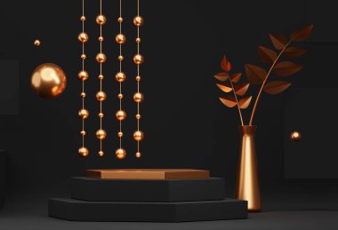Podyumlu 3D iç mekan, ürün sunumu için arka plan. Boş ürün siyah ve altın renkli vazo ve top şeklinde duruyor. Katı veya platformlu reklam yeri