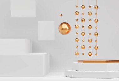 Podyumlu 3D iç mekan, ürün sunumu için arka plan. Boş ürün beyaz ve altın renkli, top ve küp şeklinde duruyor. Katı veya platformlu reklam yeri