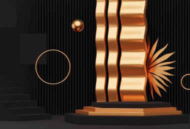 Ürün sunumu için 3D arka plan, podyum ile iç mekan. Boş ürün, halka, dalga ve palmiye yaprağı ile siyah ve altın renktedir. Katı veya platformlu reklam yeri