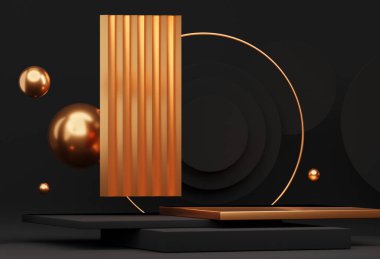 Ürün sunumu için 3D arka plan, podyum ile iç mekan. Platformu ya da kaidesi olan bir reklam yeri. Boş ürün siyah ve altın renginde, top ve çerçeve şeklinde duruyor