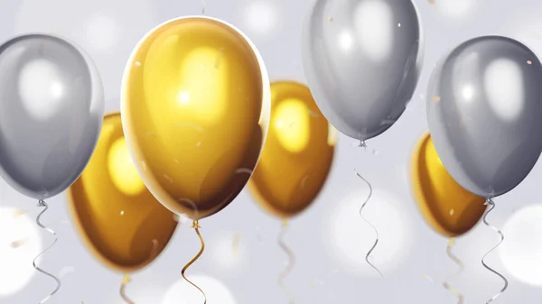 コンフェッティと光の背景に3Dリアルな黄金と銀の空気気球と幸せな誕生日の水平イラスト グリーティングカード パーティーポスター 招待状 バナーのための休日のデザイン — ストック写真