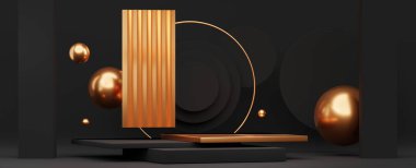 3 boyutlu iç döşeme, ürün sunumu için yatay arka plan. Platformu ya da kaidesi olan bir reklam yeri. Boş ürün siyah ve altın renginde, top ve çerçeve şeklinde duruyor