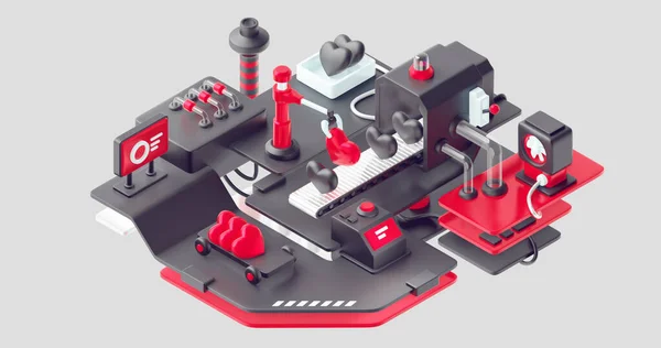 Illustration Einer Fabrikmaschine Mit Förderband Und Roboterarm Sortierherz Technologie Der — Stockfoto