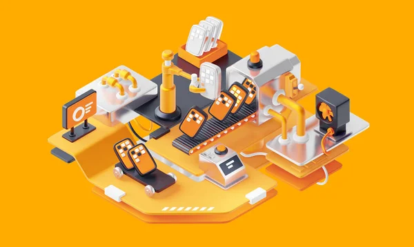 Illustration Einer Fabrikmaschine Mit Förderband Und Roboterarm Zur Sortierung Von — Stockfoto