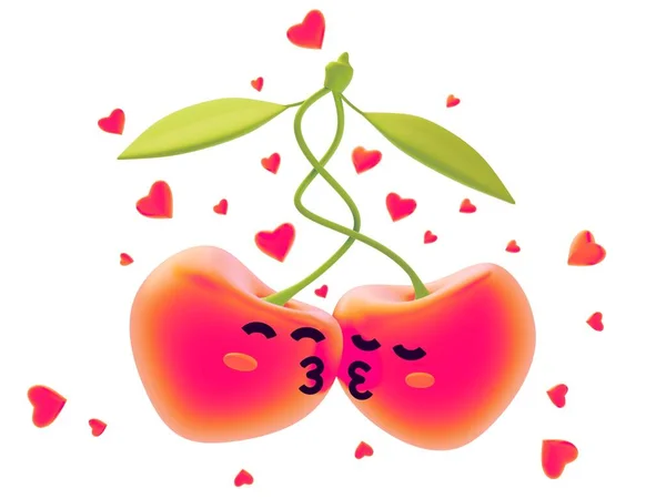 Feliz Dia Dos Namorados Ilustração Com Vermelho Doce Beijo Cereja — Fotografia de Stock