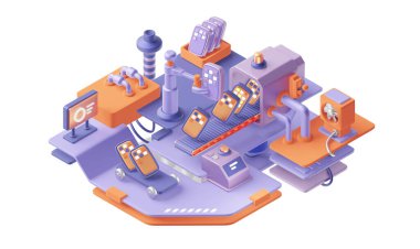 Taşıyıcı ve mühendislik robotu kolu akıllı telefonu sıralayan renk fabrikası makinesinin üç boyutlu çizimi. Fabrika hattının otomatik taşıma bandında modern endüstriyel telefon üretimi teknolojisi