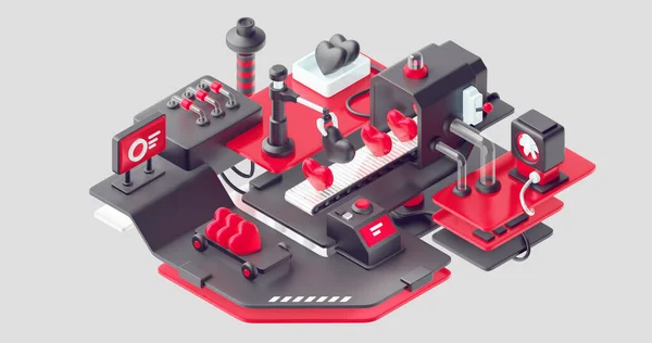 Illustration Einer Fabrikmaschine Mit Förderband Und Roboterarm Zur Sortierung Roter — Stockfoto
