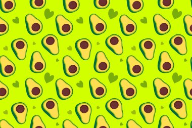 Yeşil ve sarı avokadolu vektör desenli. Çekirdekli, renk arkaplanlı, kalbi olan.